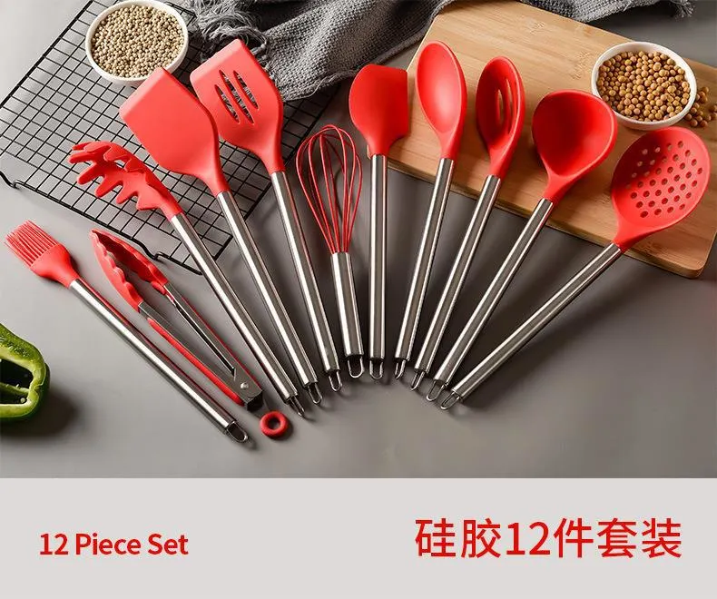 Stainless Steel Handle Kitchen Tool Set Bakeware Spatula Spoon Kitchen Implements Non-Stick Silicone Cooking Utensil Kitchen Gadget Silicone Kitchen Utensils