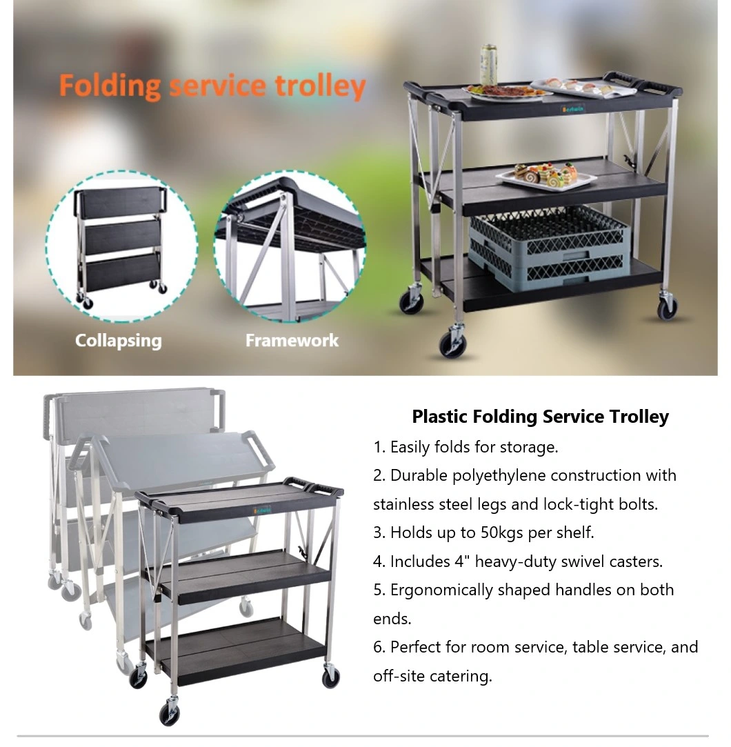 Restaurant Hotel Service Cart Plastic Foldable Collapsible Food Serving Trolley