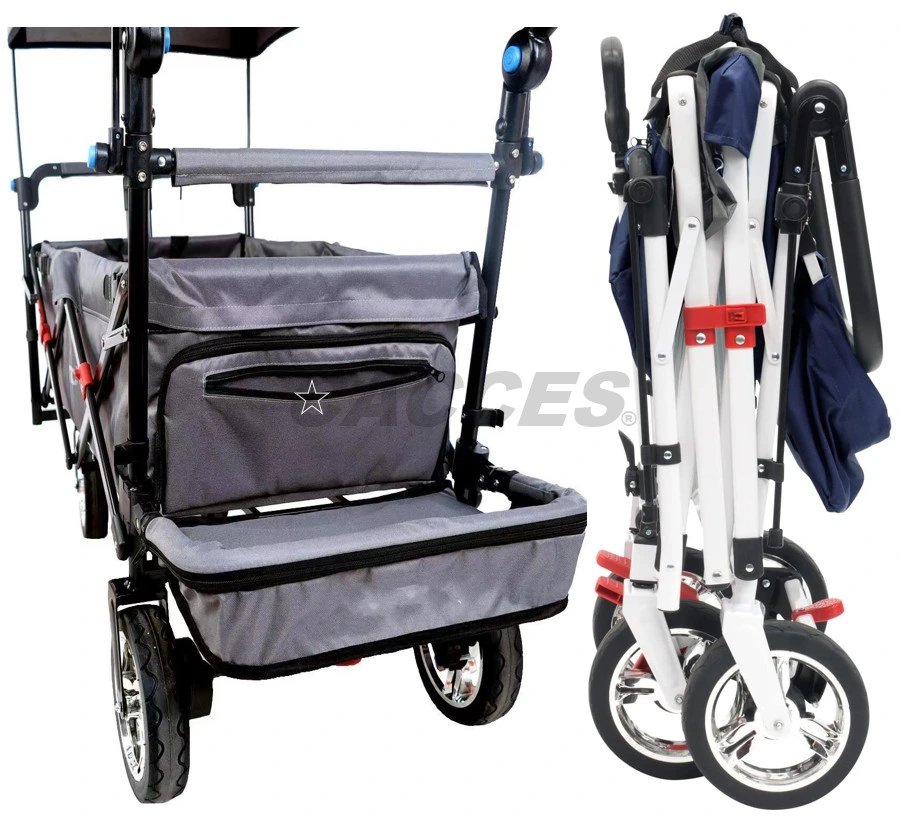 Push&Pull Collapsible Utility Wagon,Heavy Duty Folding Portable Hand Cart W/Removable Canopy,Tray,7′′ Chrome Wheel,Adjustable Handles for Shopping,Camping,Beach